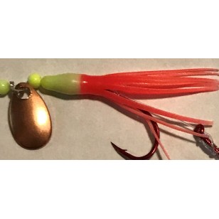 Glitter Bugs Micro Hoochie Chartreuse/Orange w/Indiana Copper Blade 1 3/8"